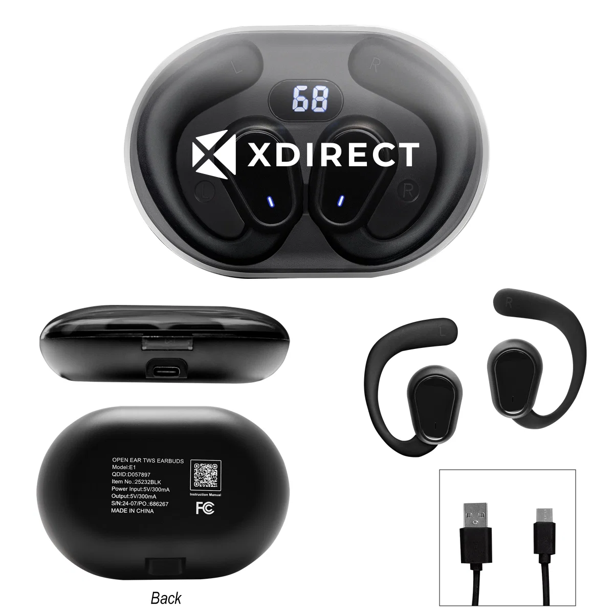 Open ear wireless earbuds resting in their black charging case