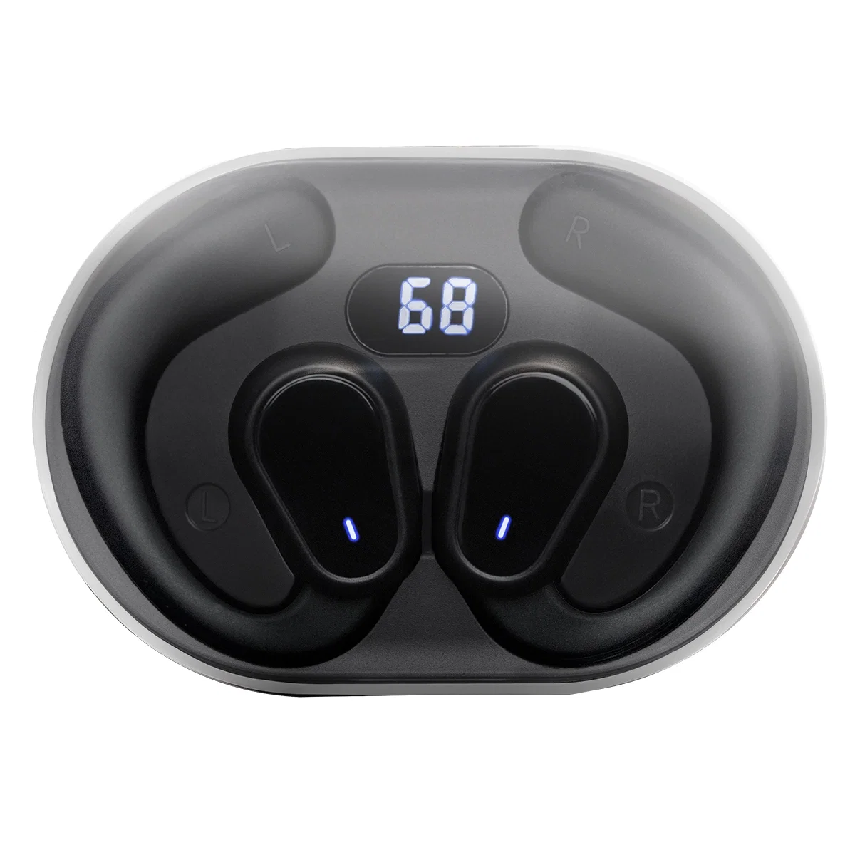 Single earbud held to show the open ear hook
