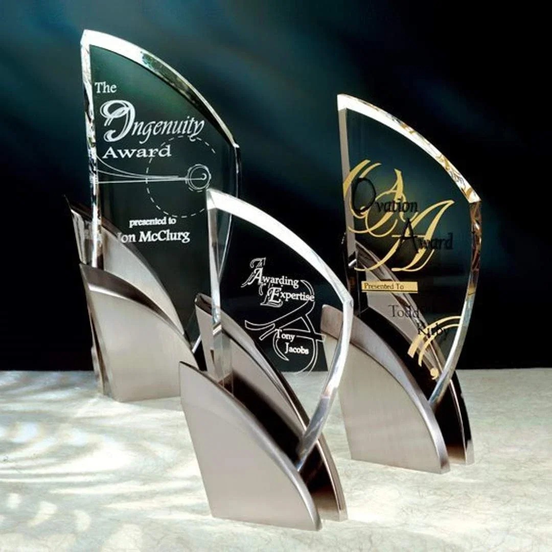 Custom Curved Acrylic Peak Award on Hand-Cast Satin Nickel Base for employee recognition