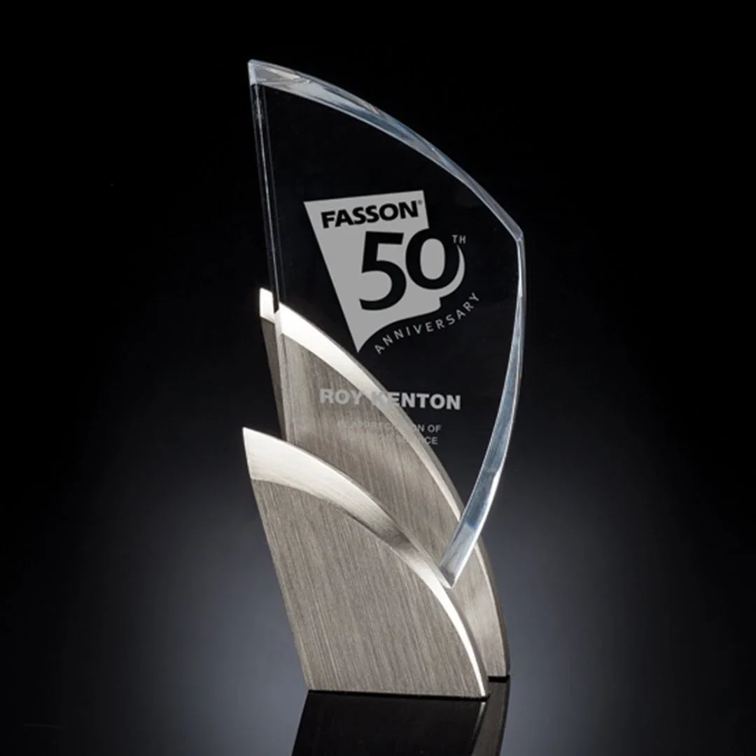 Custom Curved Acrylic Peak Award on Hand-Cast Satin Nickel Base for corporate award ceremonies