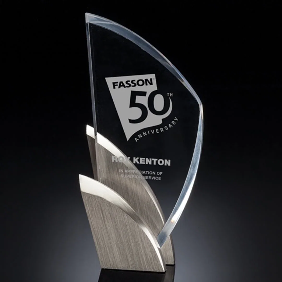 Custom Curved Acrylic Peak Award on Hand-Cast Satin Nickel Base for service anniversary gifts