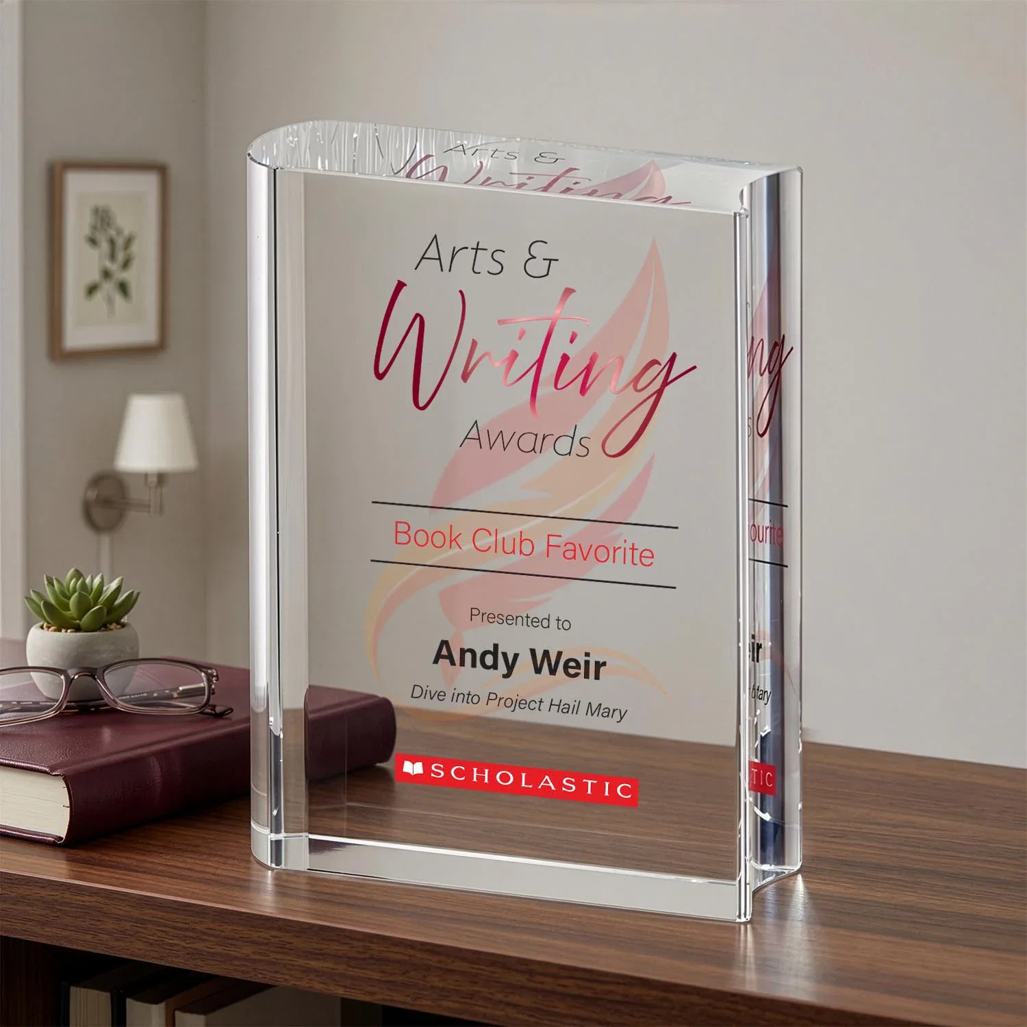 Custom Full Color Open Book Crystal Award for volunteer appreciation