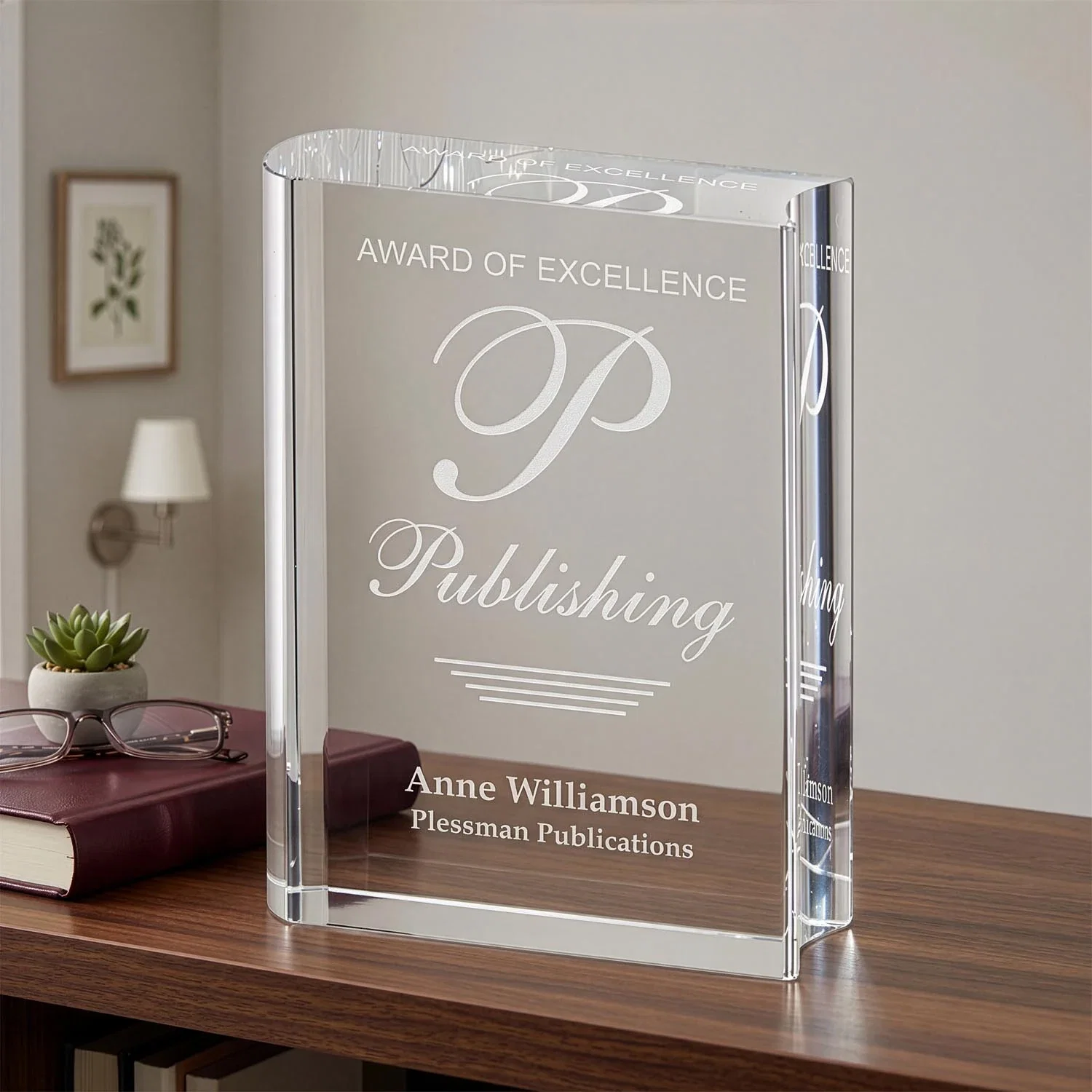 Custom Full Color Open Book Crystal Award for retirement presentations
