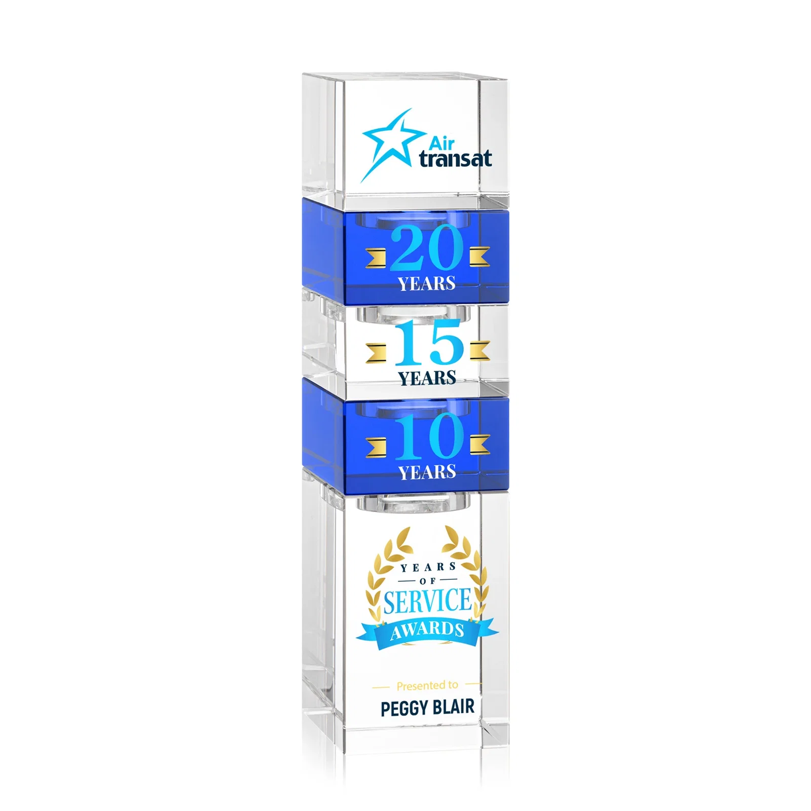 Promotional Optical Crystal Stacker Block for the Tofino Milestone Tower for graduation ceremonies