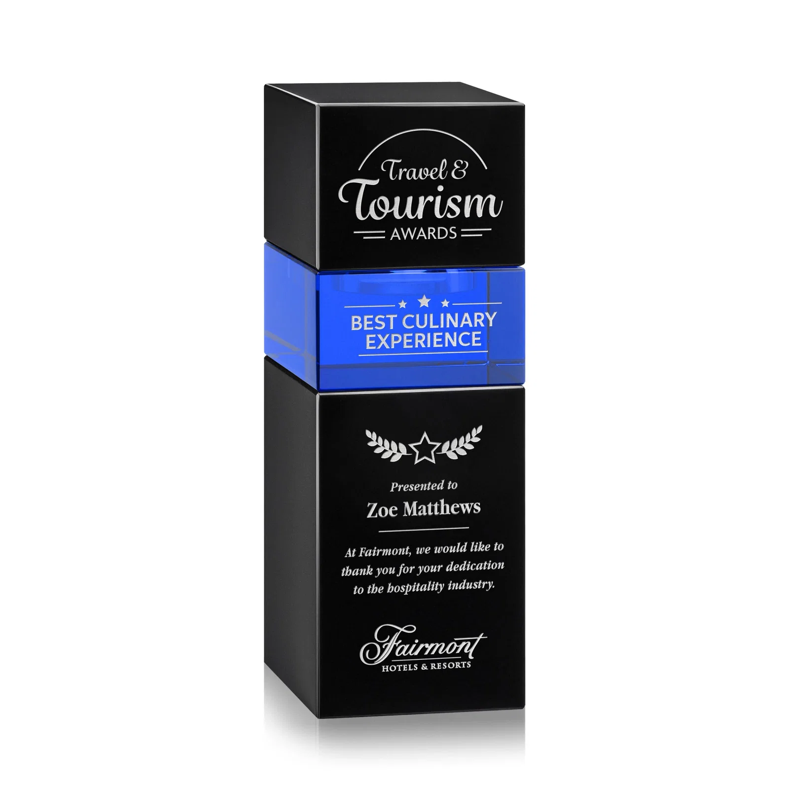 Custom printed Optical Crystal Stacker Block for the Tofino Milestone Tower for corporate award ceremonies