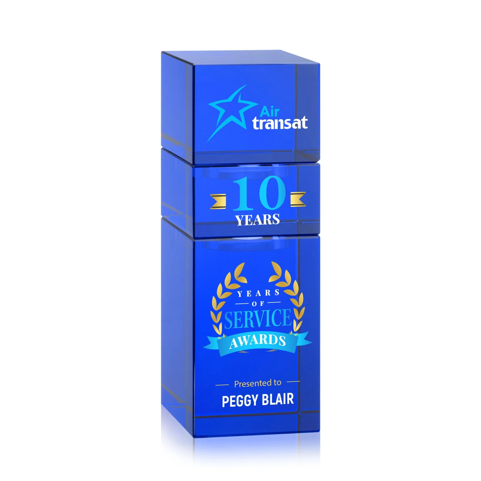 Custom engraved Optical Crystal Stacker Block for the Tofino Milestone Tower for safety achievement programs