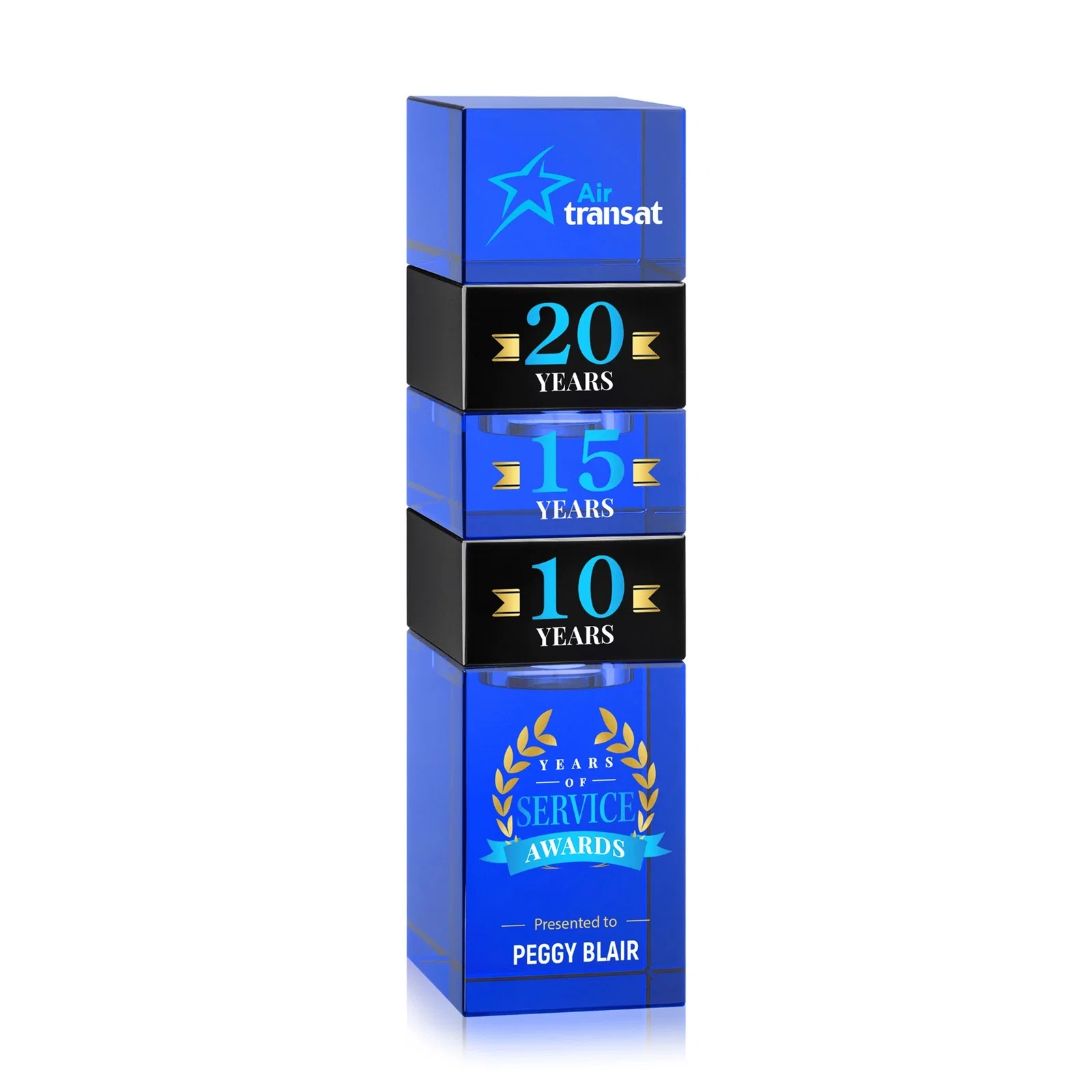 Custom Optical Crystal Stacker Block for the Tofino Milestone Tower, with your logo for employee recognition