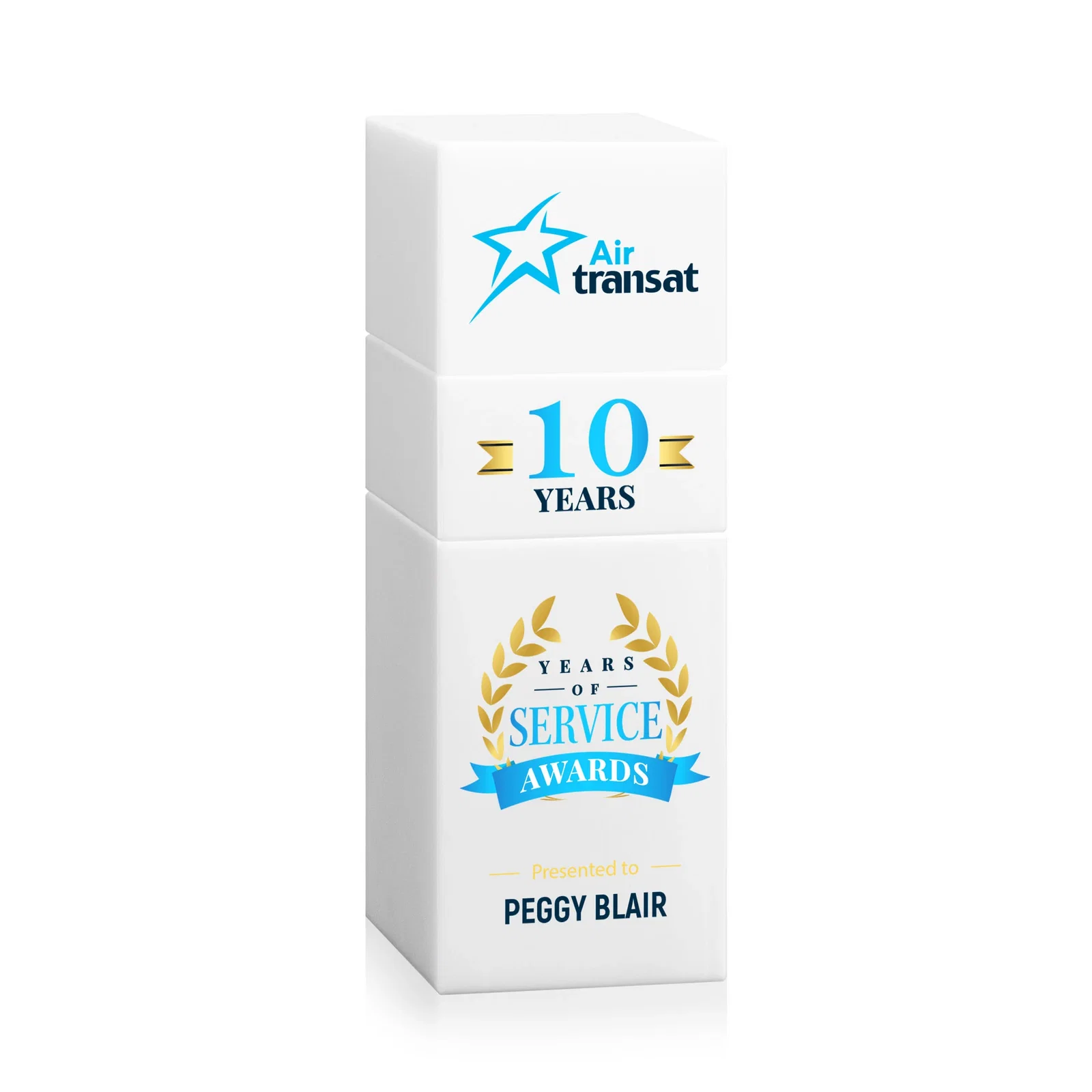 Custom Optical Crystal Stacker Block for the Tofino Milestone Tower, with your logo for service anniversary gifts