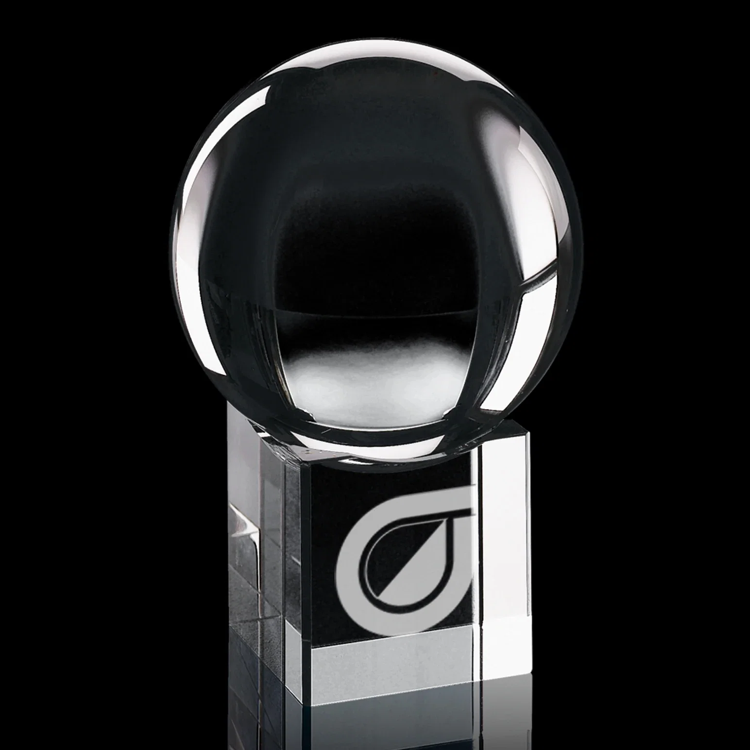 Custom Optical Crystal Sphere Award in Recessed Cube Stand for employee recognition