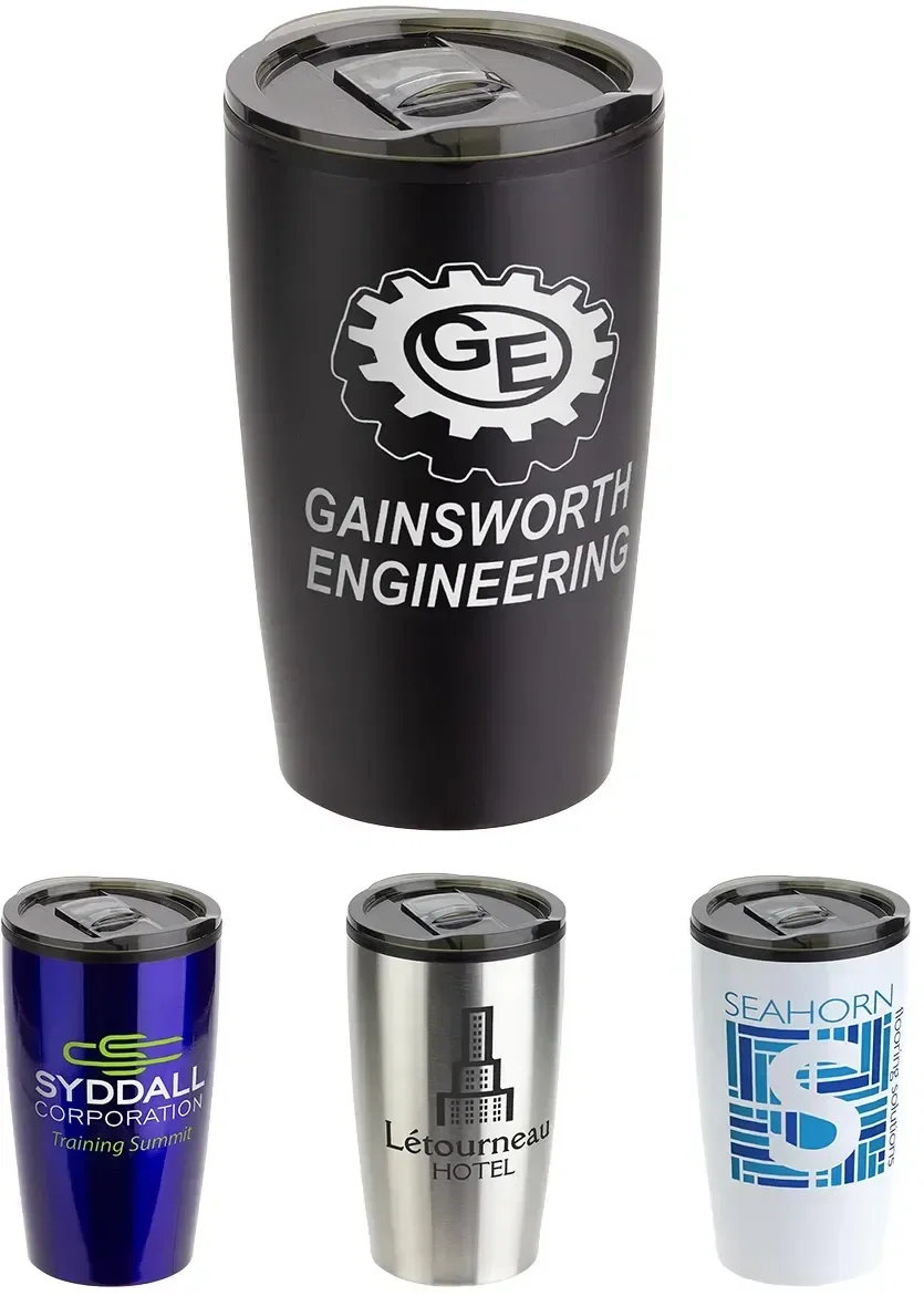 Optima 14 oz poly-lined steel tumbler, custom branded promotional drinkware, front view