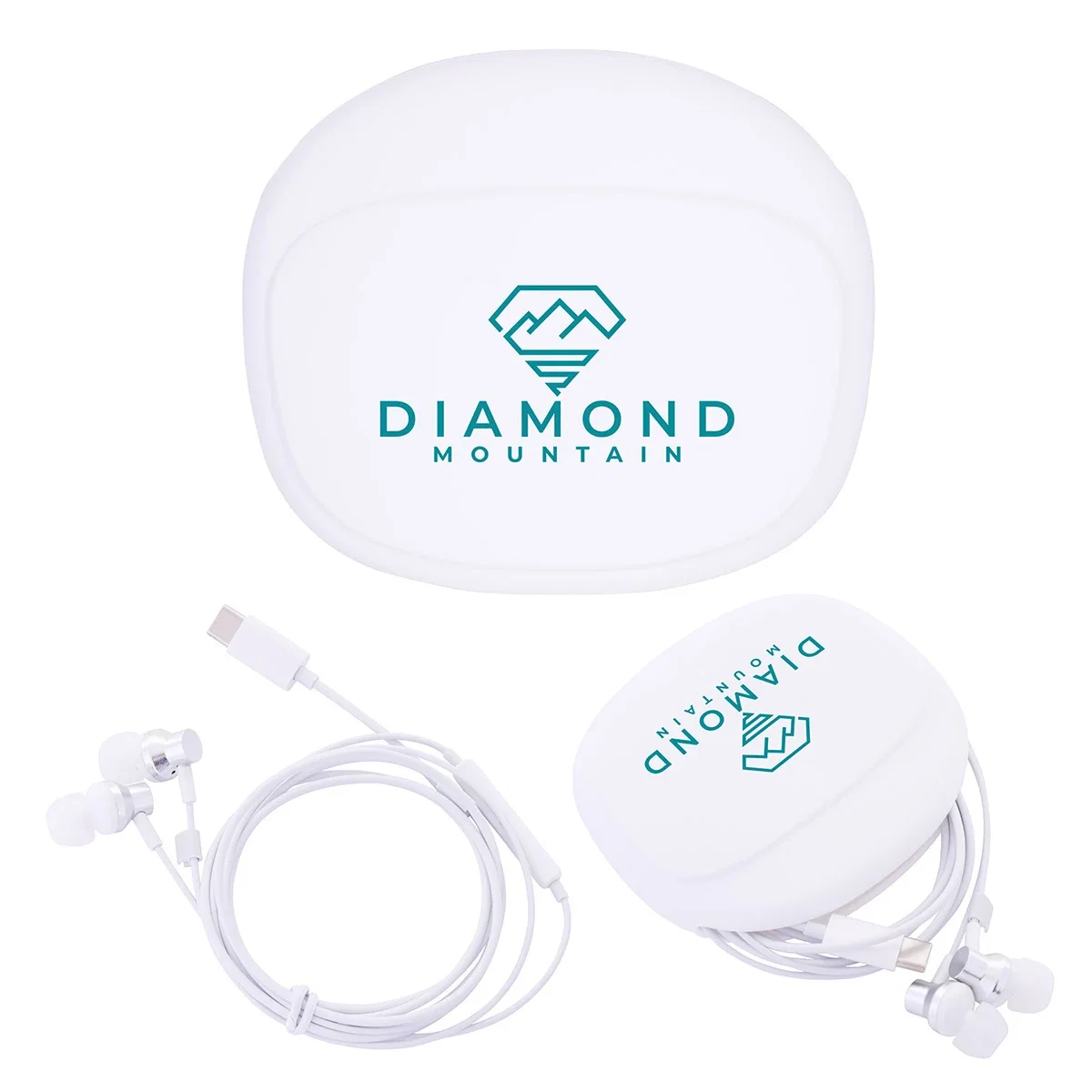 Custom Opus USB-C wired earbuds, front view of the branded earbuds and silicone pouch