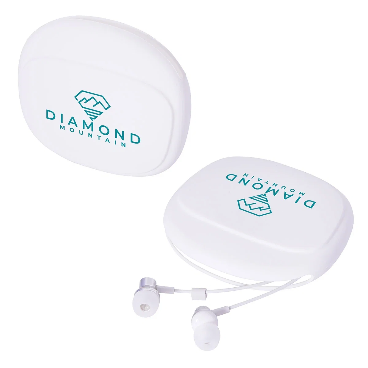 Close-up of the Opus wired earbuds tucked into the branded silicone pouch