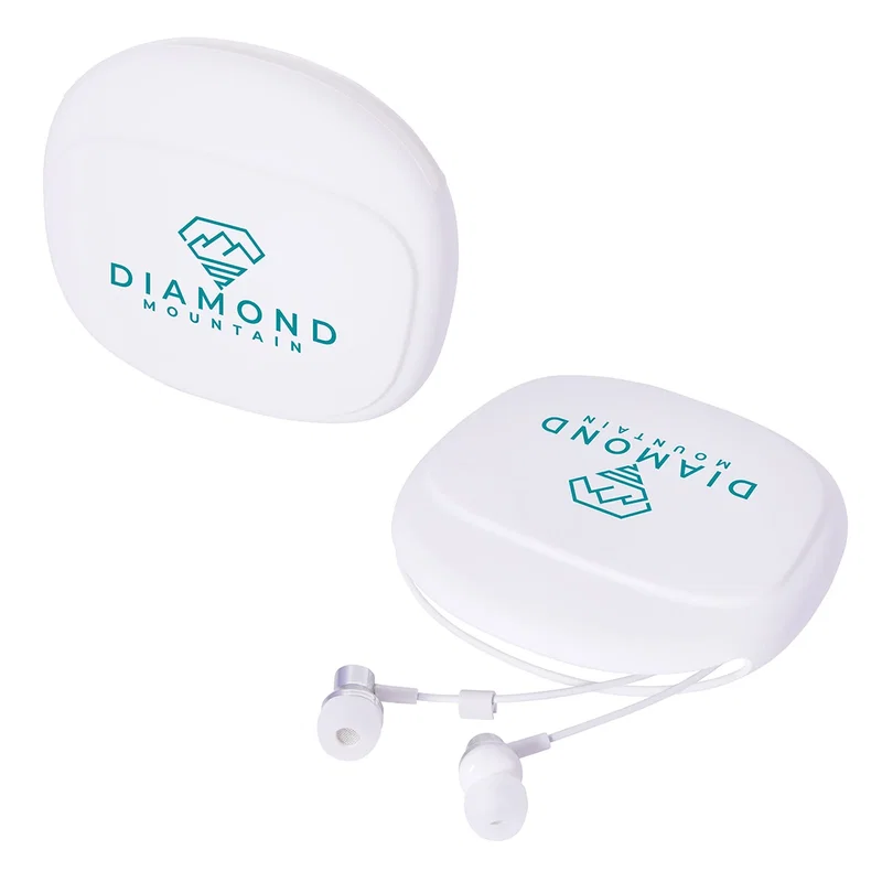 Close-up of the Opus wired earbuds tucked into the branded silicone pouch