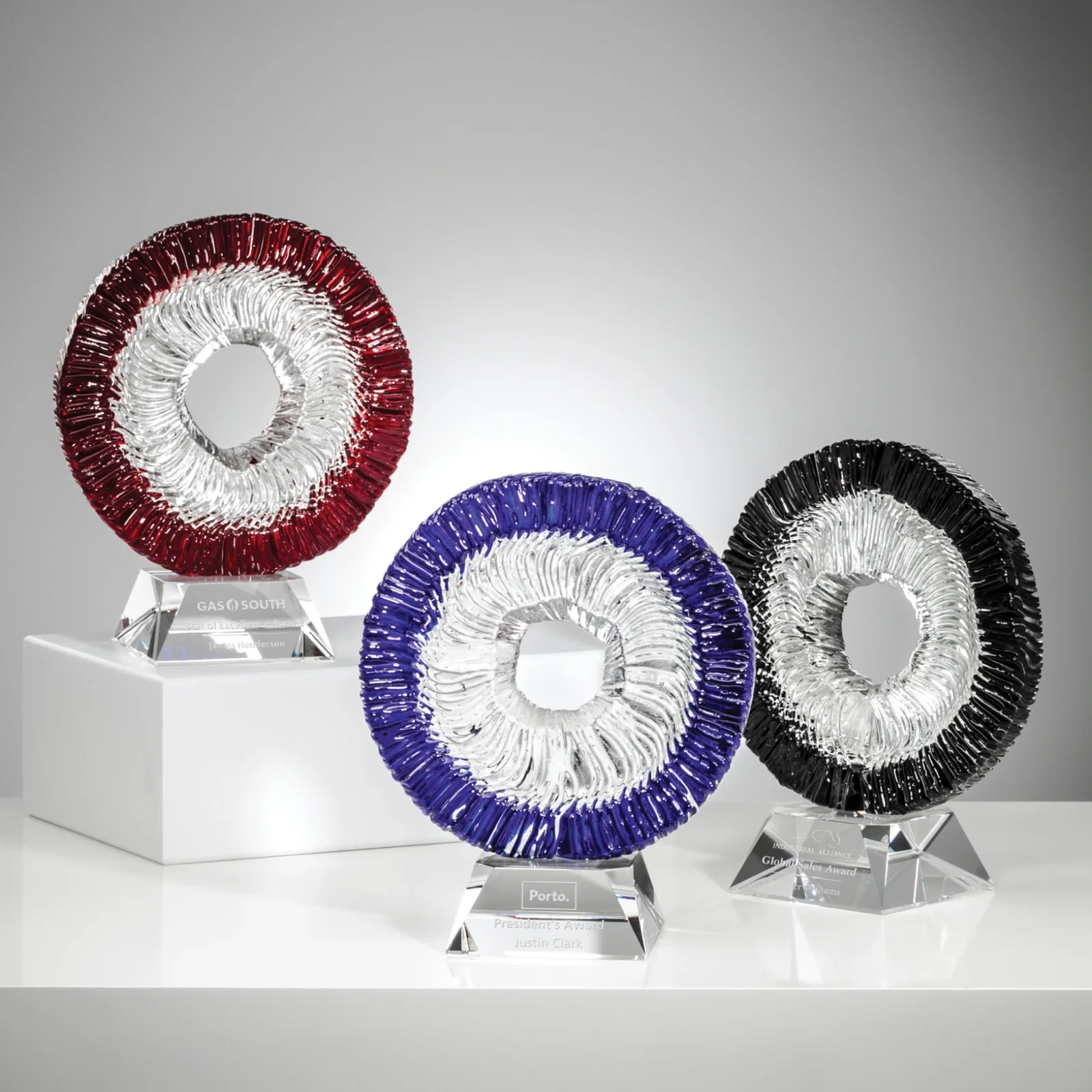 Custom Fused Swirl Art Glass Round Award With Natural Center Opening for employee recognition