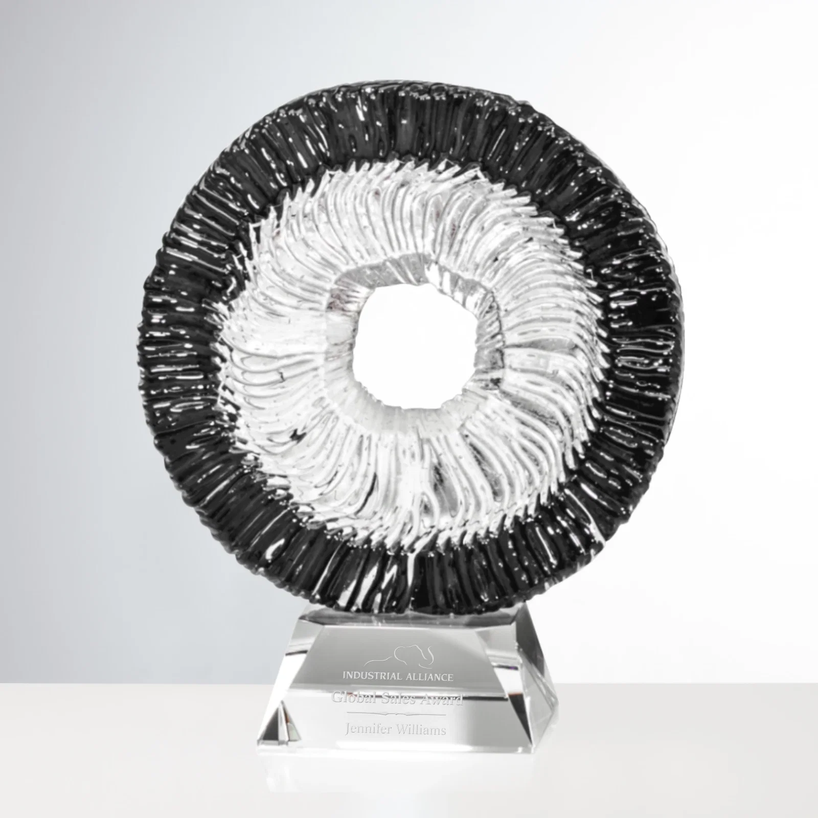 Custom Fused Swirl Art Glass Round Award With Natural Center Opening for corporate award ceremonies