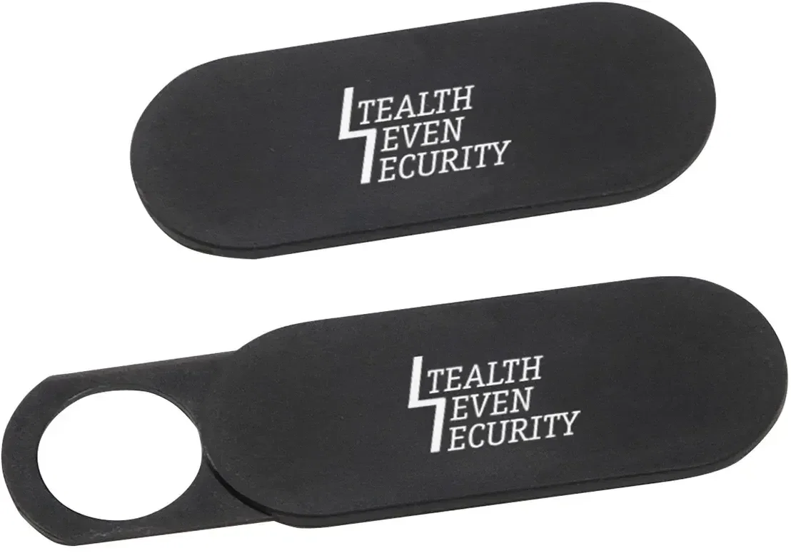 Promotional webcam cover applied over a laptop camera