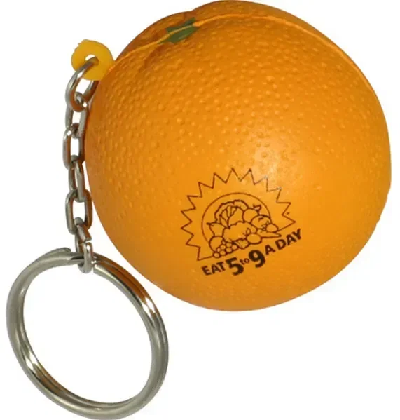 Orange fruit custom stress reliever keychain, bright orange squeeze toy branded with logo, front view
