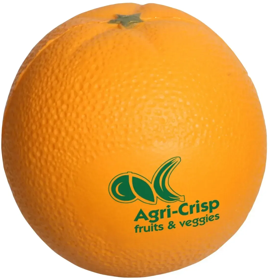 Orange-shaped stress reliever with custom logo, promotional branded squeeze toy for wellness campaigns