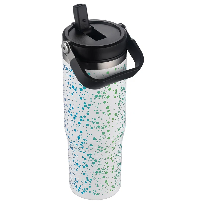 Oreno straw lid tumbler, handle and lid close-up