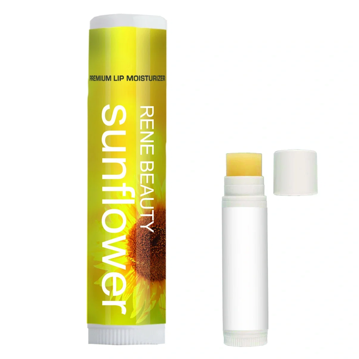 White lip balm tube standing upright on a plain background