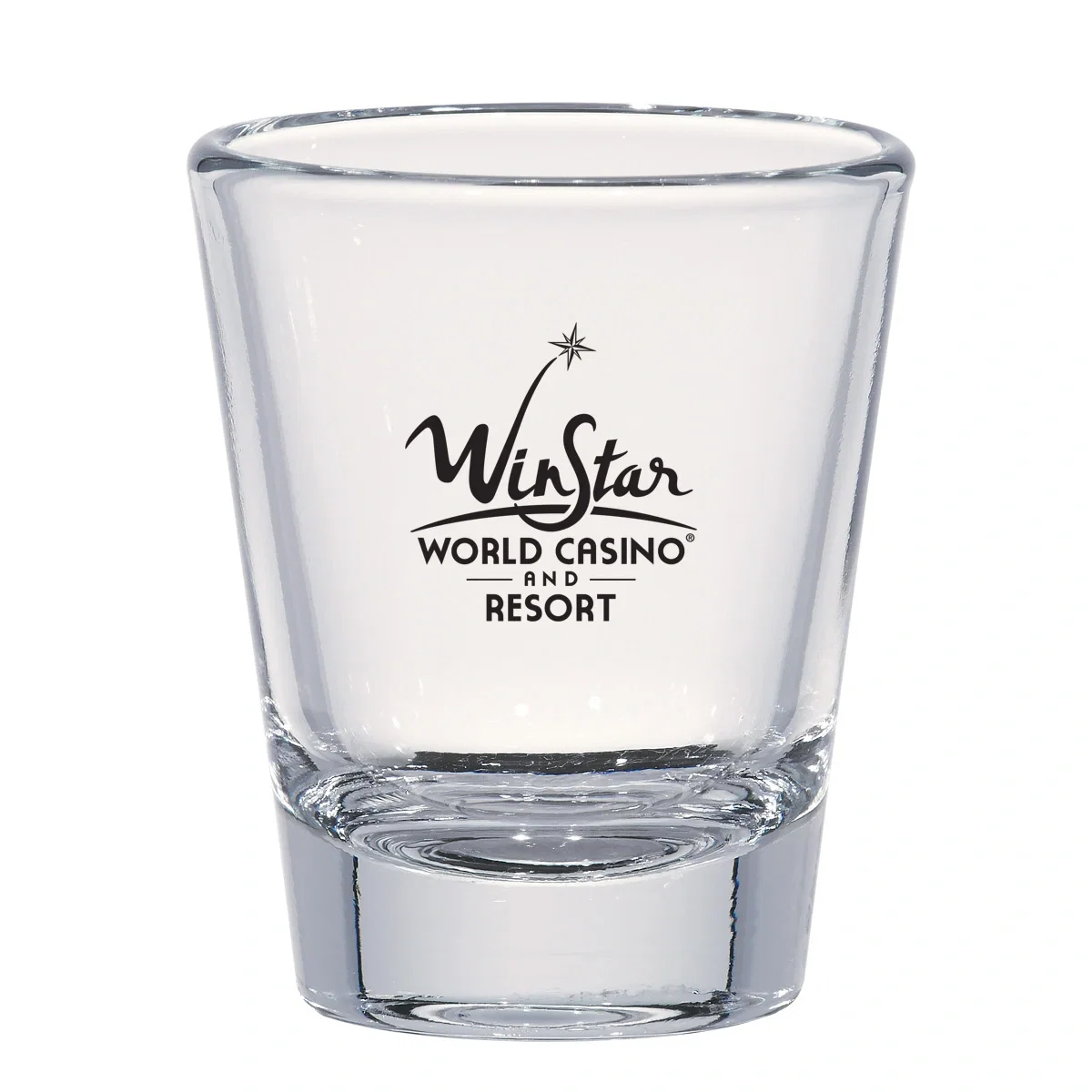 Clear shot glass standing just over two inches tall
