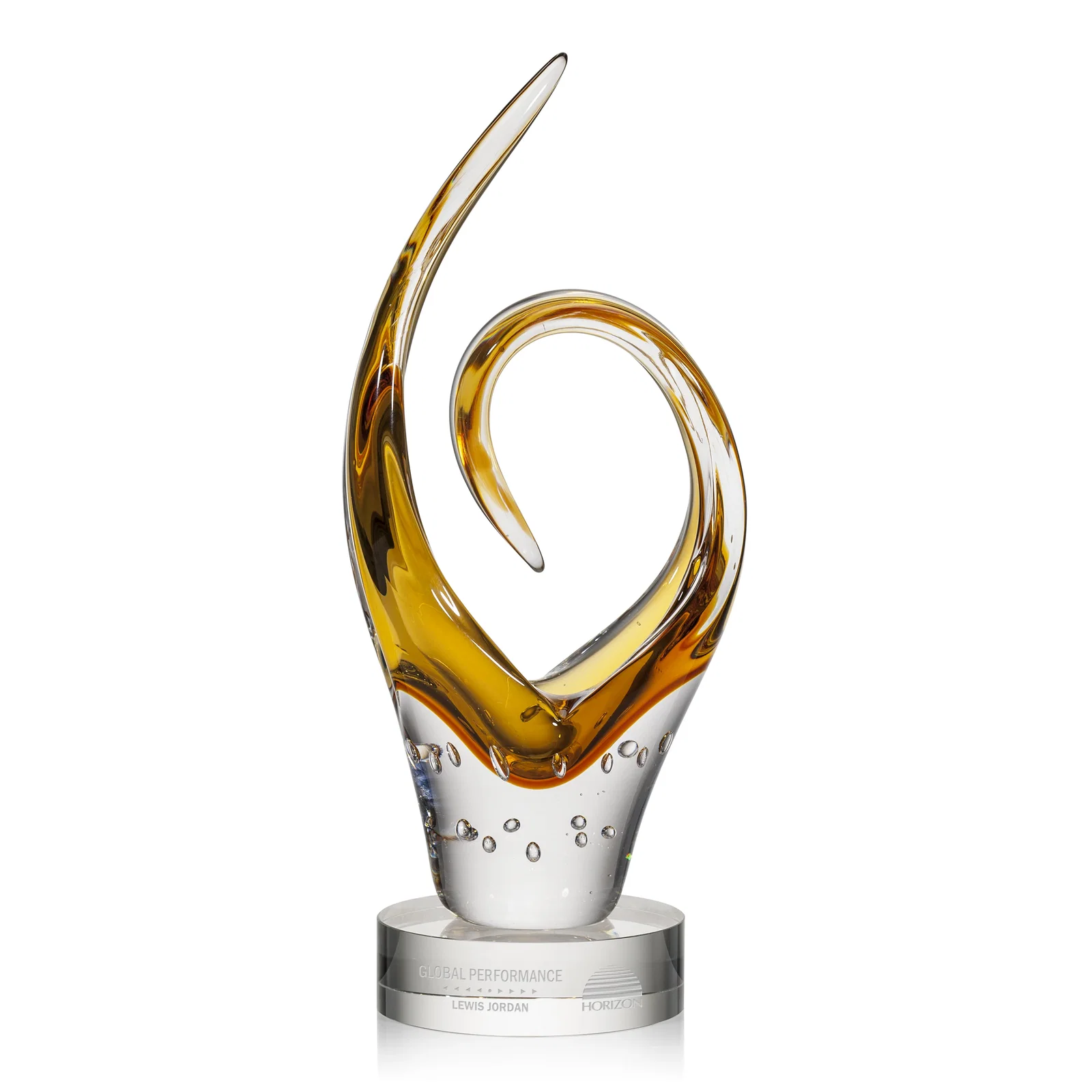 Custom Yellow and Gold Glass Sculpture Award That Shifts With Light for employee recognition