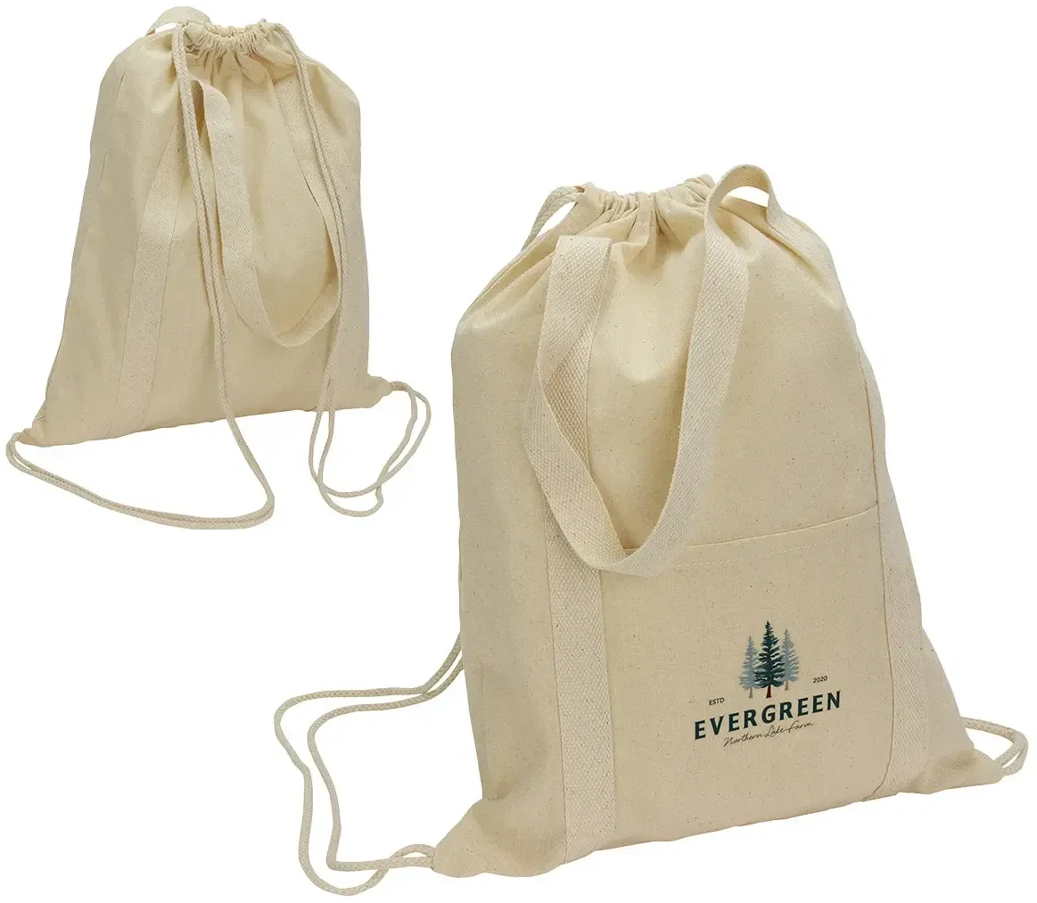 Orion 5oz Recycled Cotton Drawstring Bag, custom cinch backpack front view with branded logo