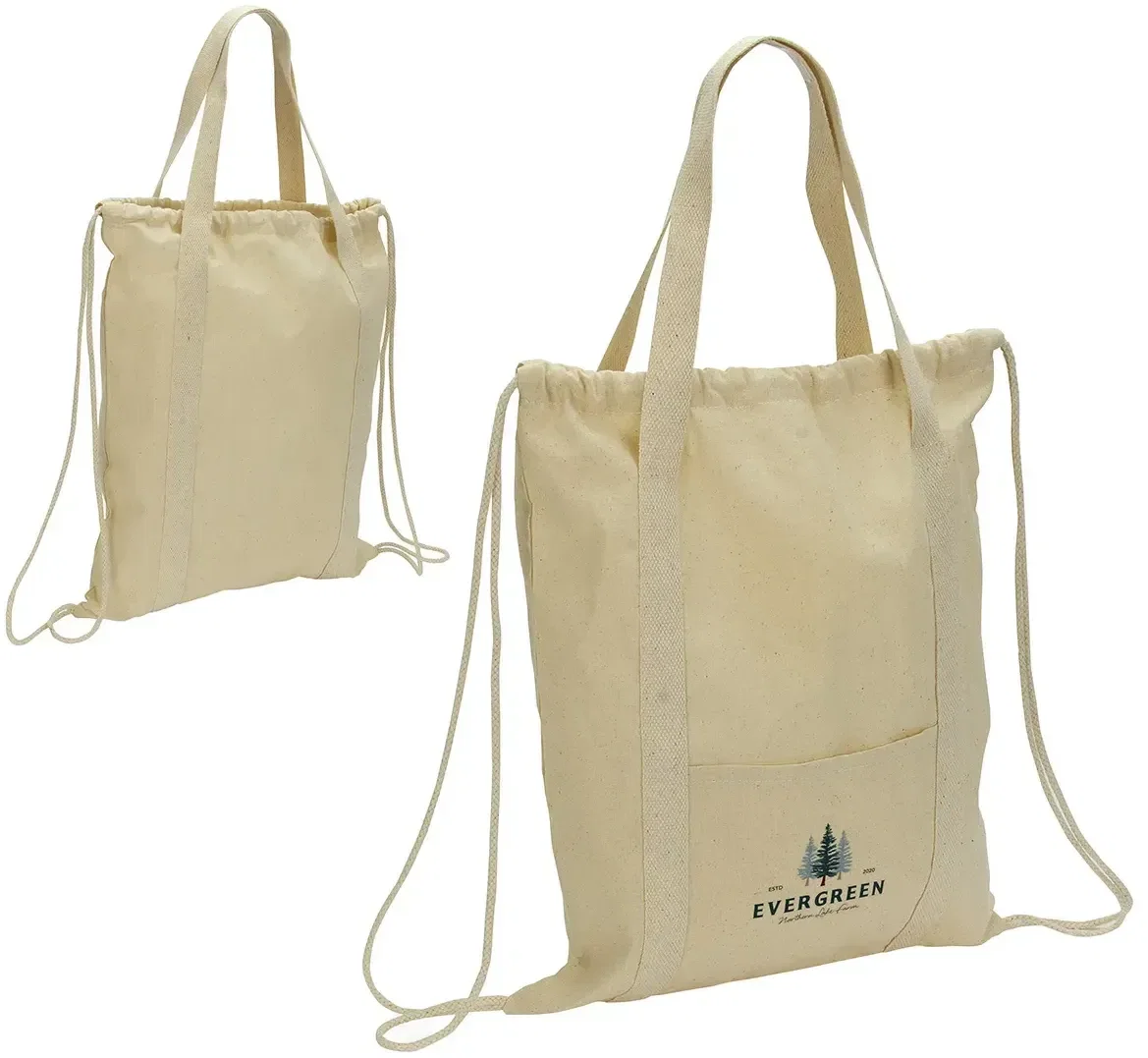 Back view of the branded Orion recycled cotton drawstring bag showing its cinch cords and logo