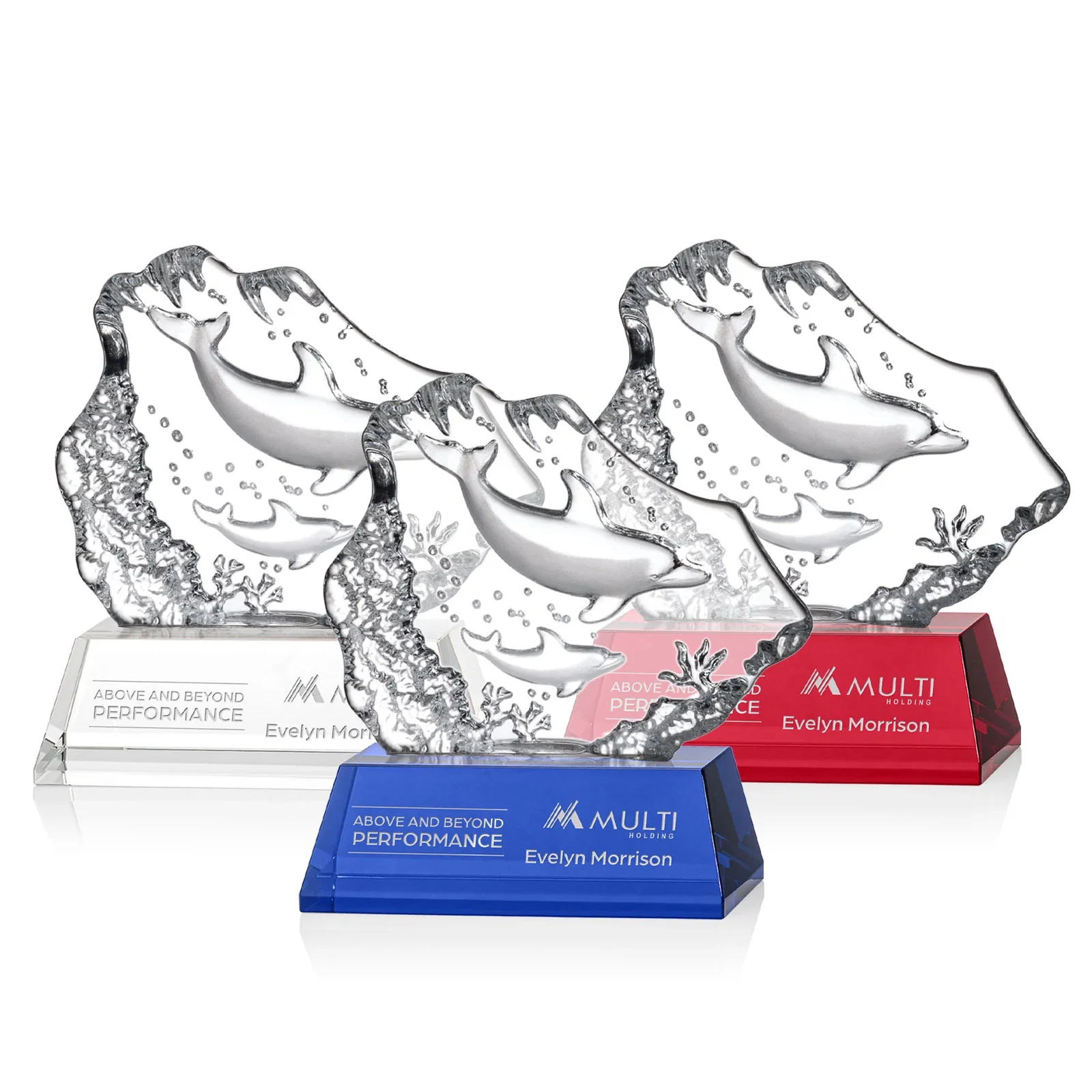 Custom Optical Crystal Iceberg Award With a Molded Dolphin Pair, awards for employee recognition