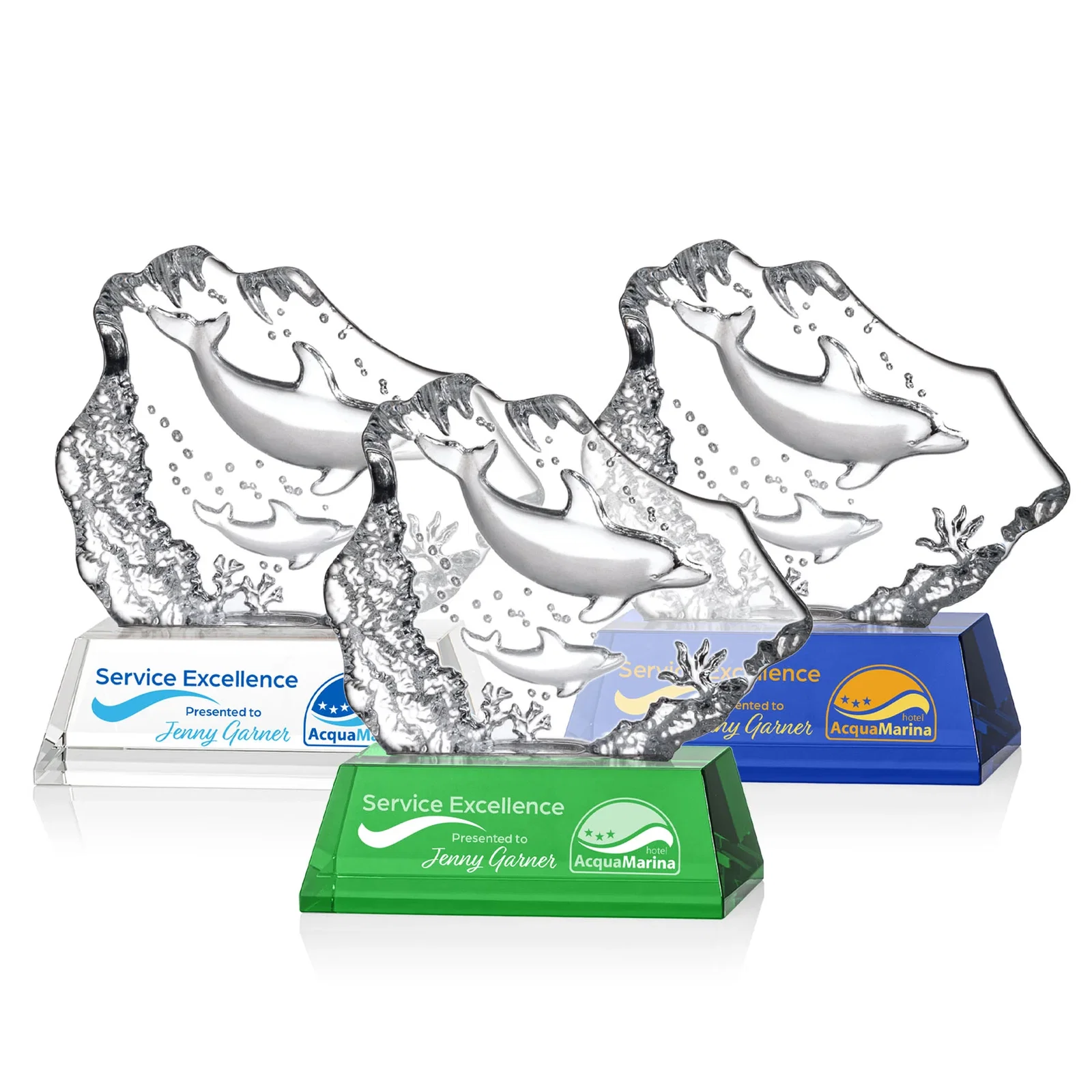 Custom Optical Crystal Iceberg Award With a Molded Dolphin Pair, awards for volunteer appreciation