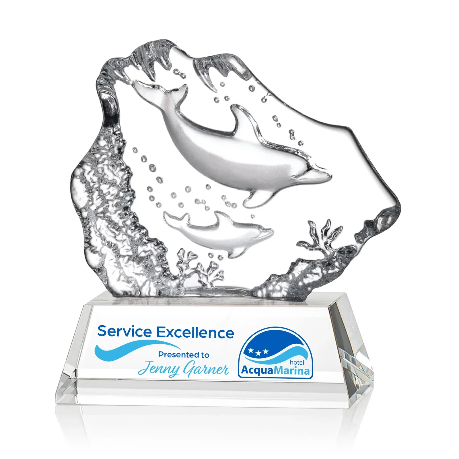 Custom Optical Crystal Iceberg Award With a Molded Dolphin Pair, awards for dealer and partner awards