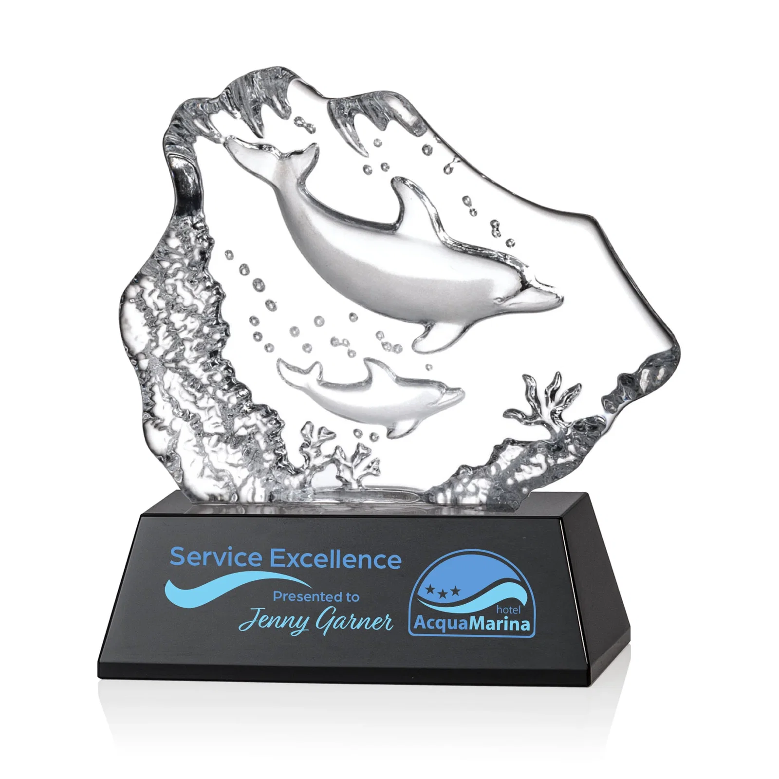 Custom Optical Crystal Iceberg Award With a Molded Dolphin Pair, awards for company anniversary events