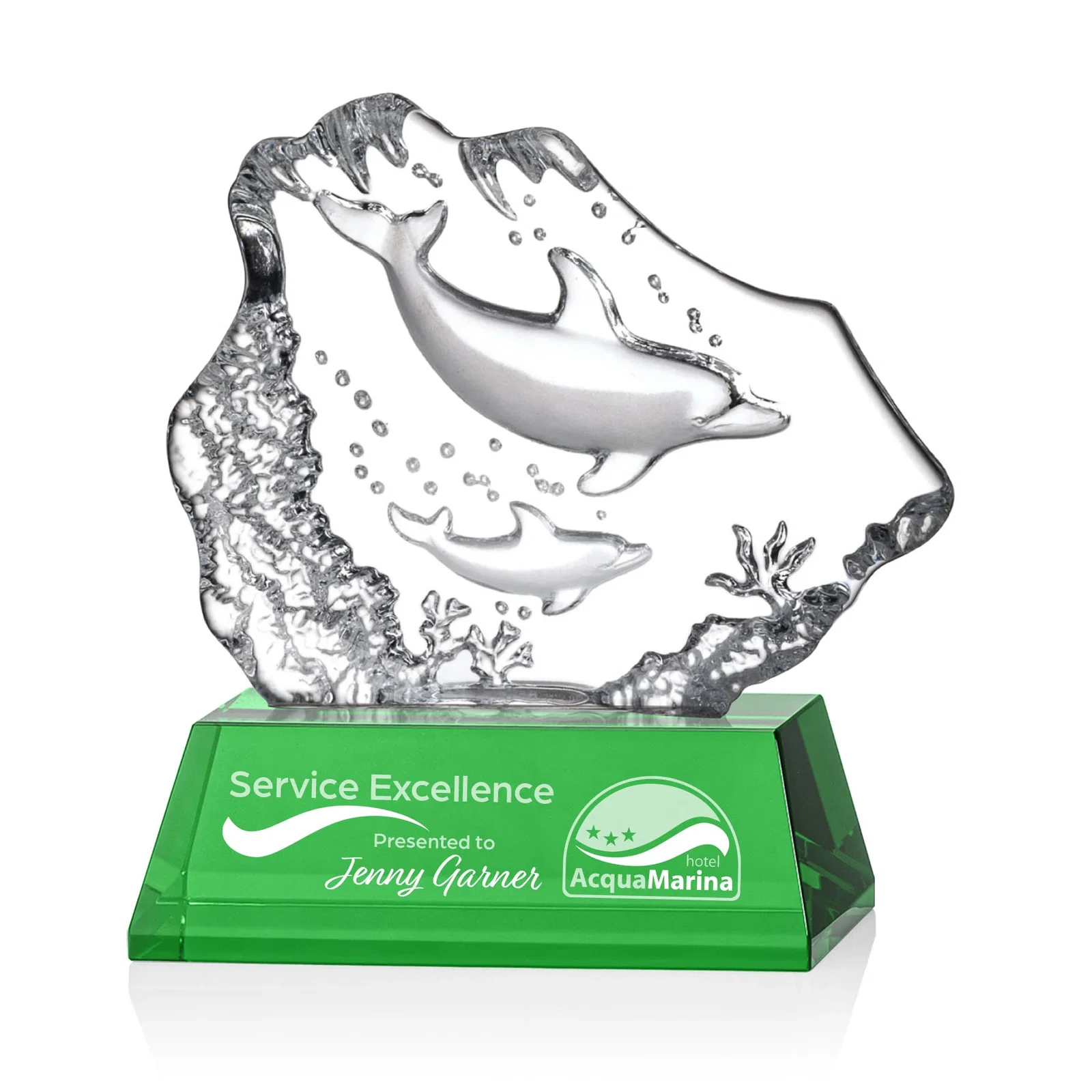 Personalized Optical Crystal Iceberg Award With a Molded Dolphin Pair, awards for corporate award ceremonies