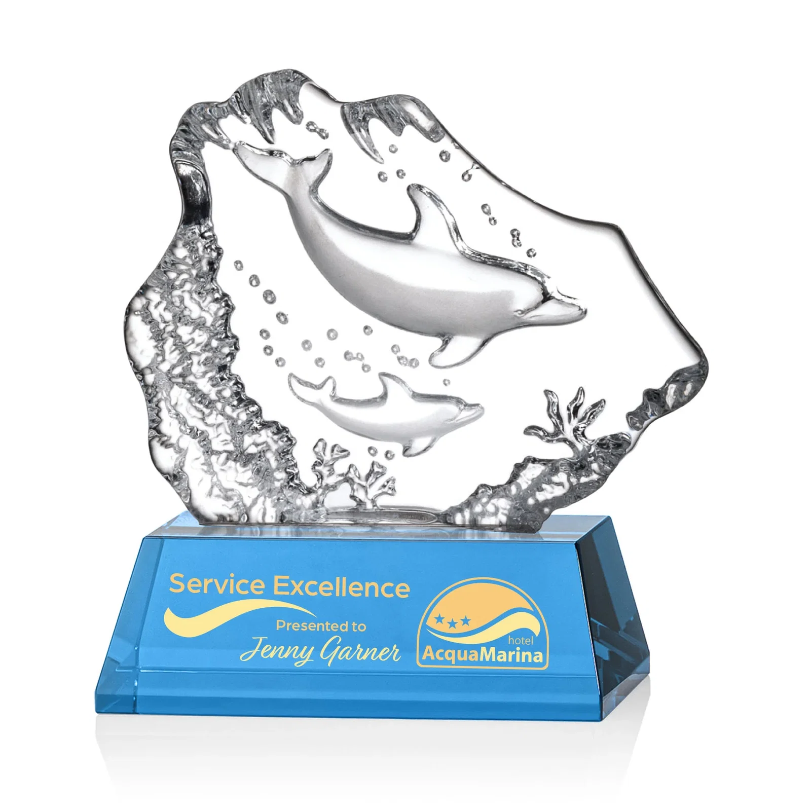 Personalized Optical Crystal Iceberg Award With a Molded Dolphin Pair, awards for service anniversary gifts