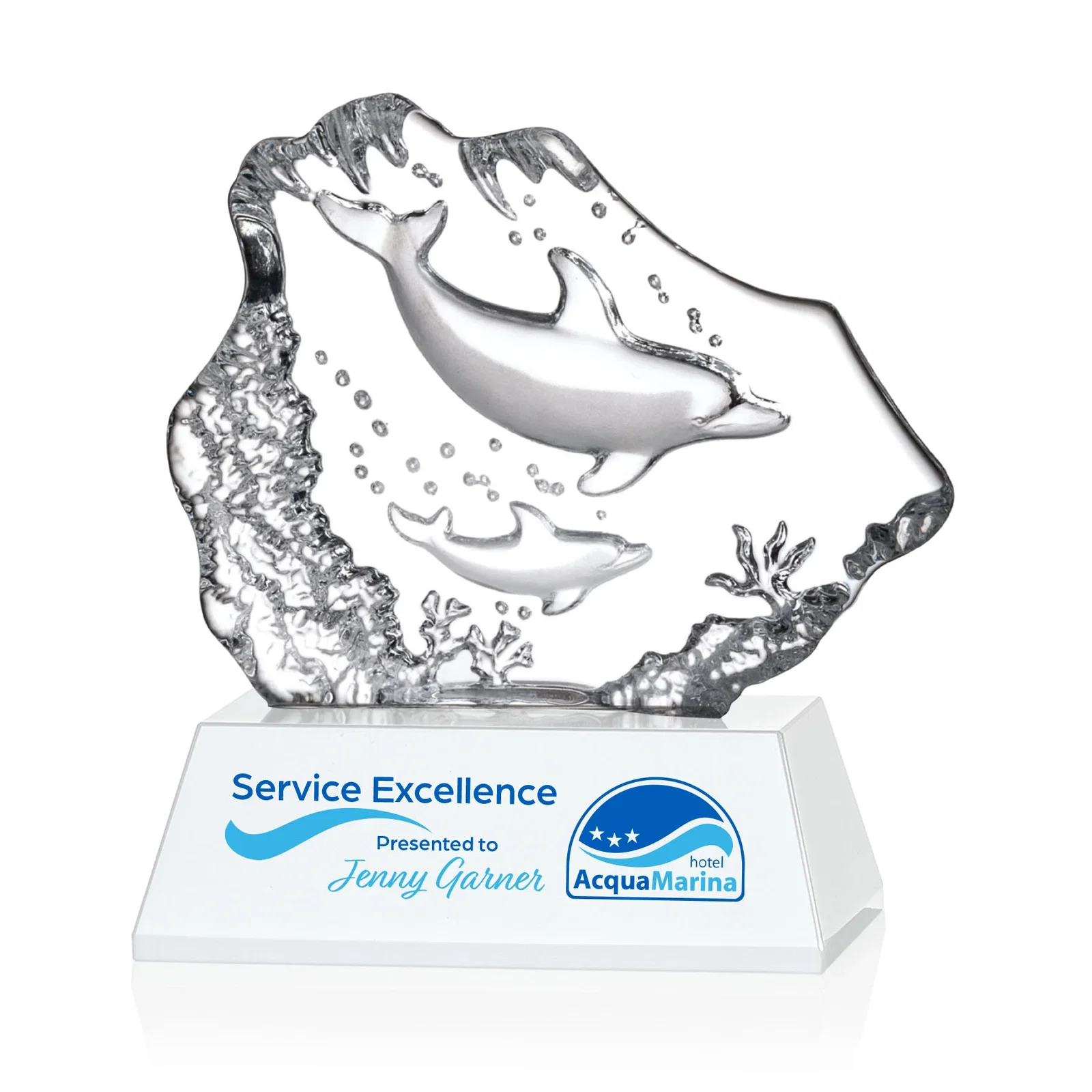 Personalized Optical Crystal Iceberg Award With a Molded Dolphin Pair, awards for sales achievement awards