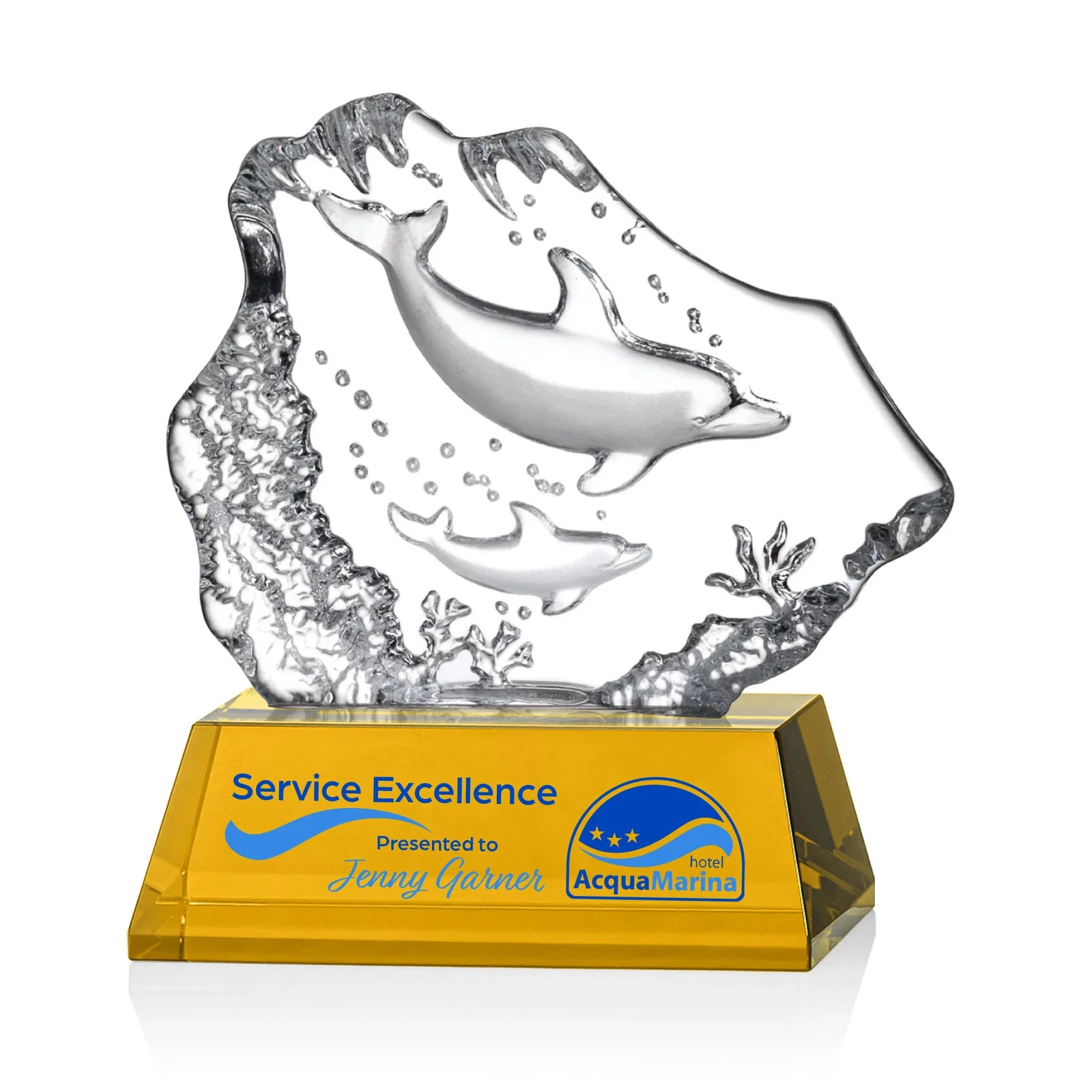 Personalized Optical Crystal Iceberg Award With a Molded Dolphin Pair, awards for retirement presentations