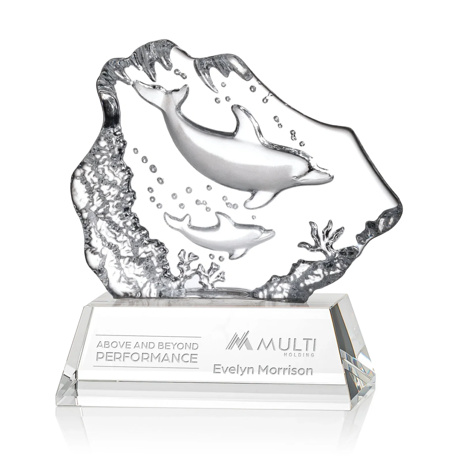 Custom Optical Crystal Iceberg Award With a Molded Dolphin Pair, awards for corporate award ceremonies
