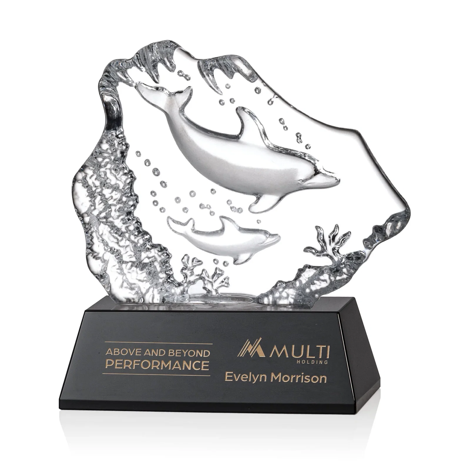 Custom Optical Crystal Iceberg Award With a Molded Dolphin Pair, awards for service anniversary gifts