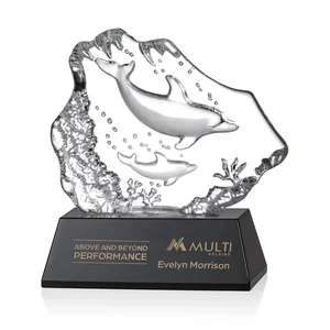 Optical Crystal Iceberg Award With a Molded Dolphin Pair