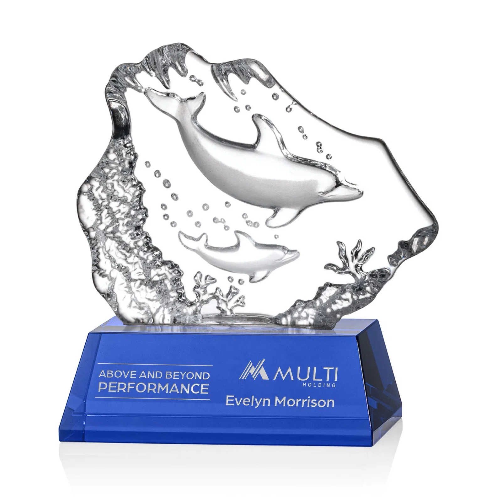 Custom Optical Crystal Iceberg Award With a Molded Dolphin Pair, awards for sales achievement awards