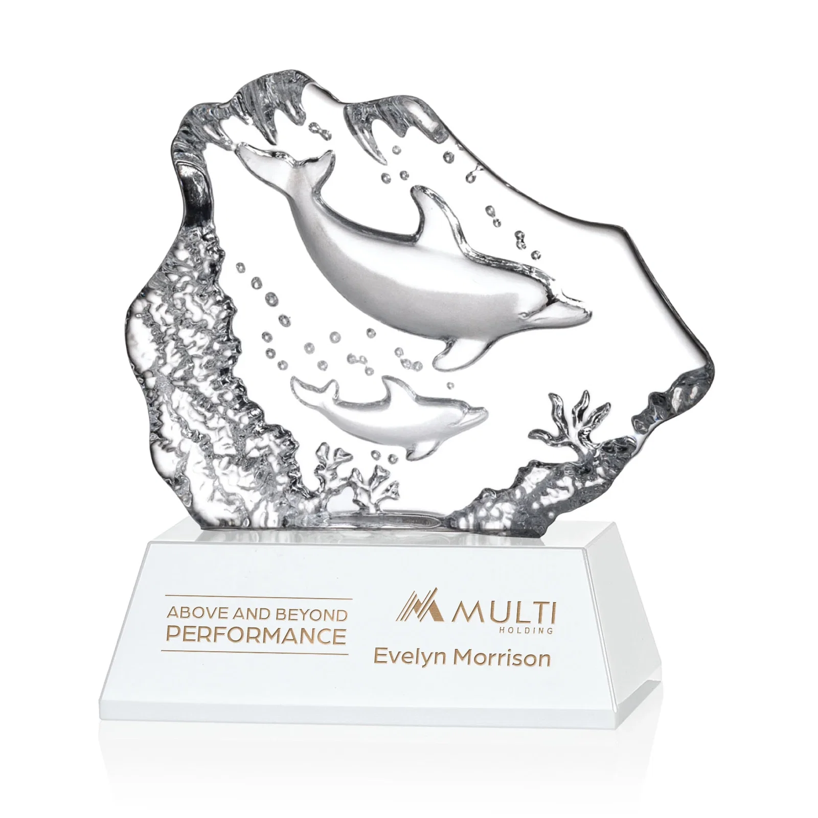 Custom Optical Crystal Iceberg Award With a Molded Dolphin Pair, awards for donor appreciation