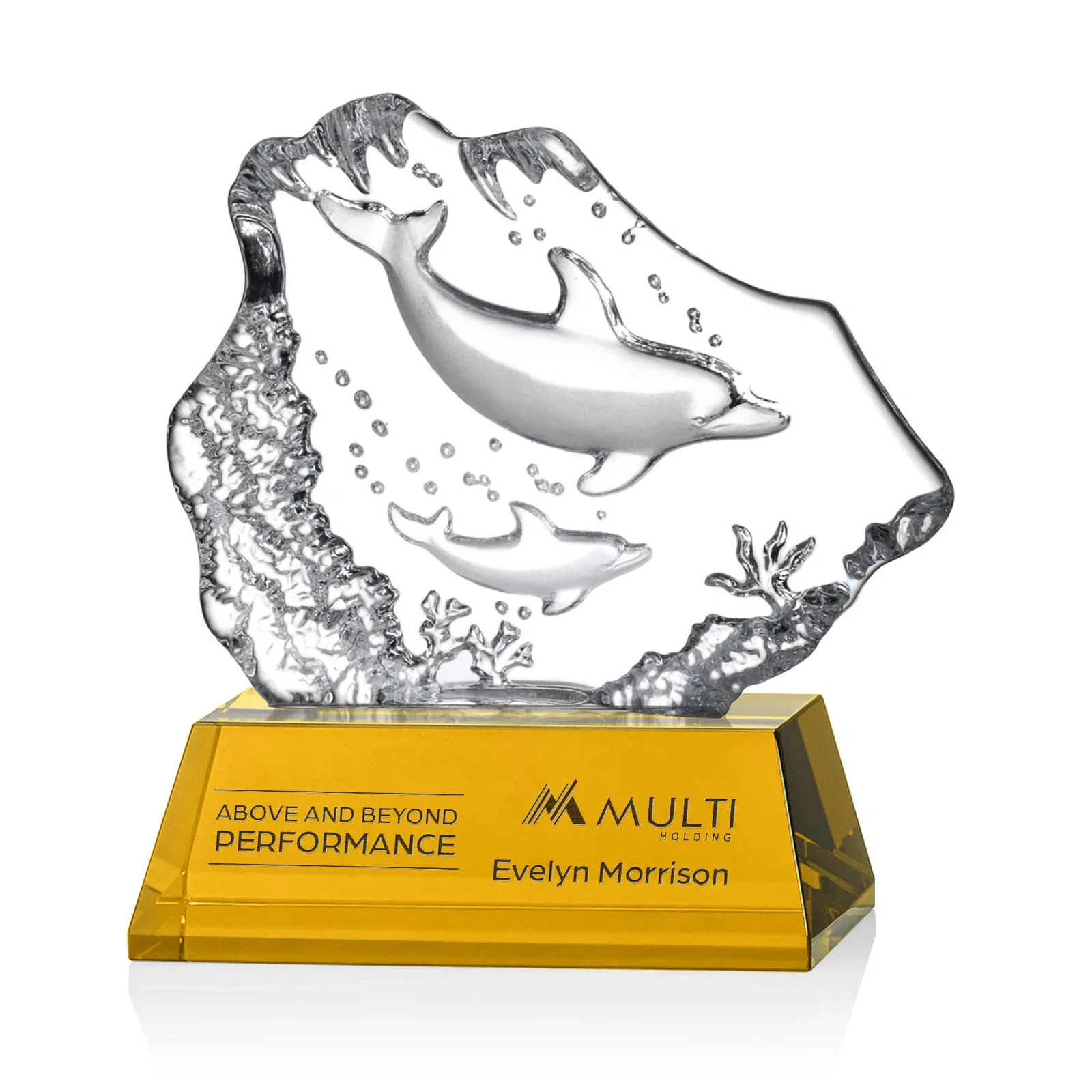 Custom Optical Crystal Iceberg Award With a Molded Dolphin Pair, awards for graduation ceremonies