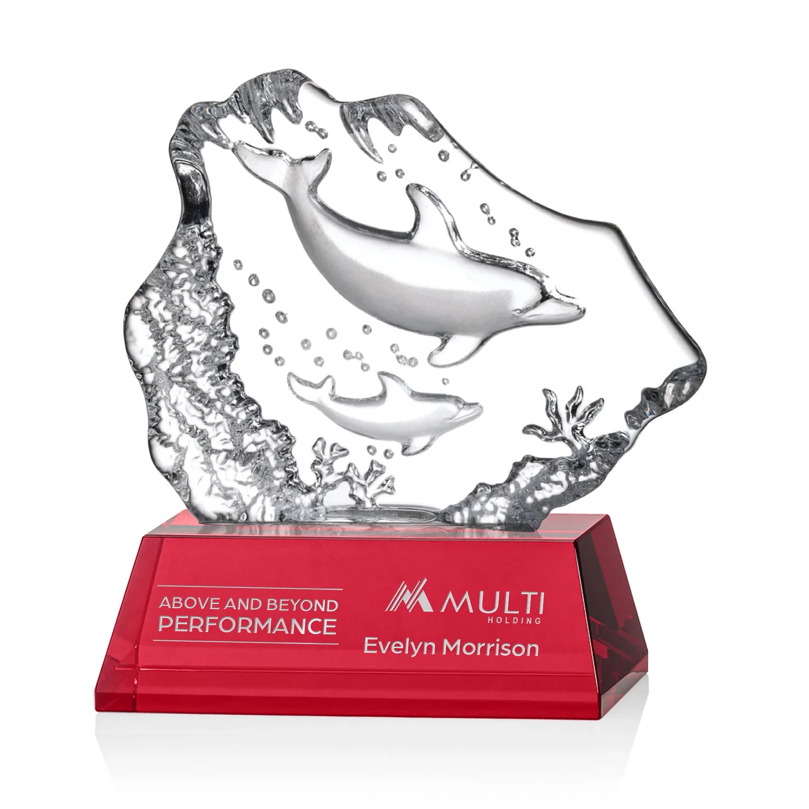 Custom Optical Crystal Iceberg Award With a Molded Dolphin Pair, awards for safety achievement programs