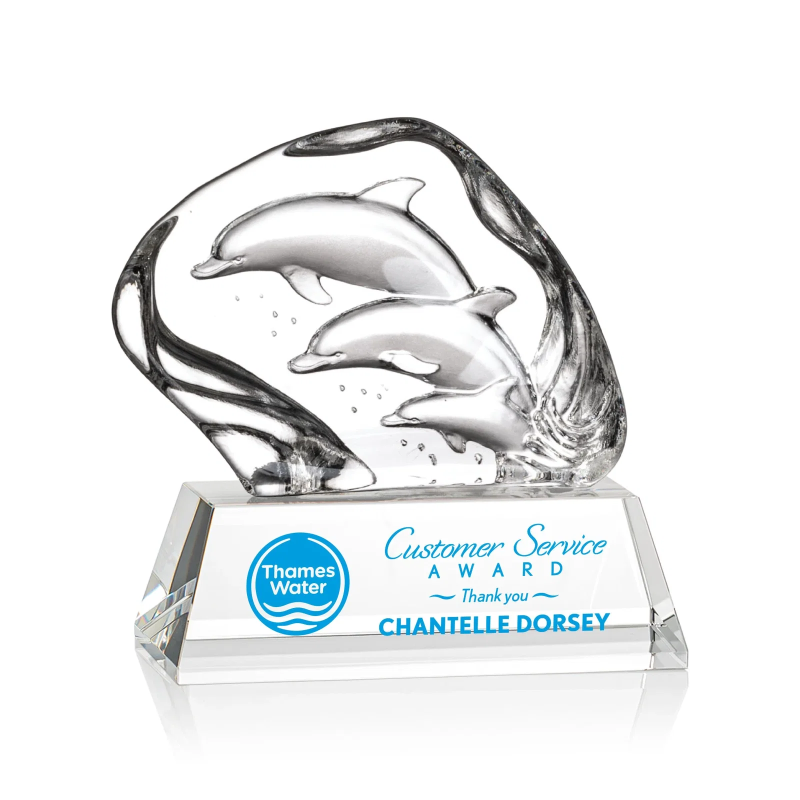Custom Optical Crystal Iceberg Award With Three Molded Dolphins, awards for dealer and partner awards
