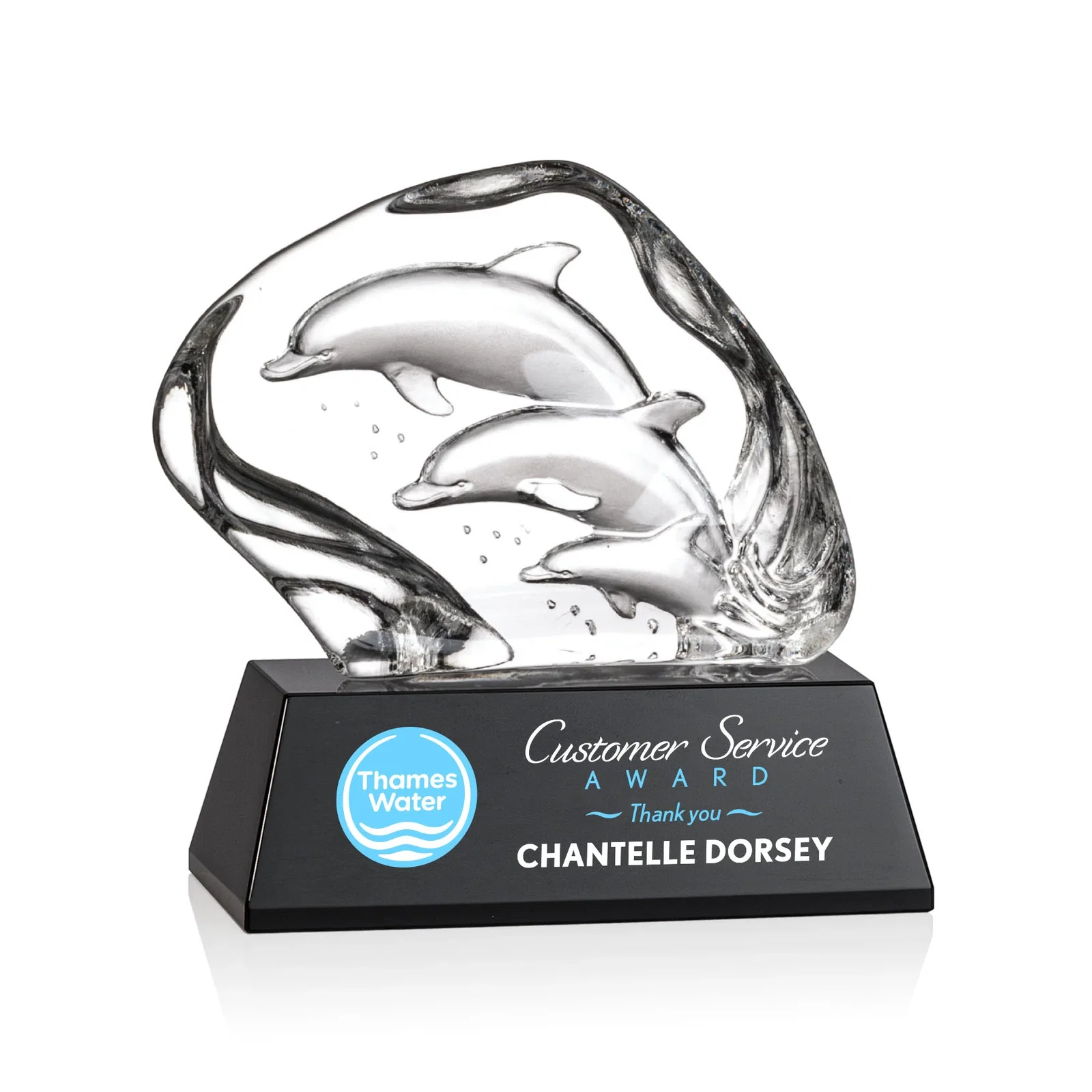 Custom Optical Crystal Iceberg Award With Three Molded Dolphins, awards for company anniversary events