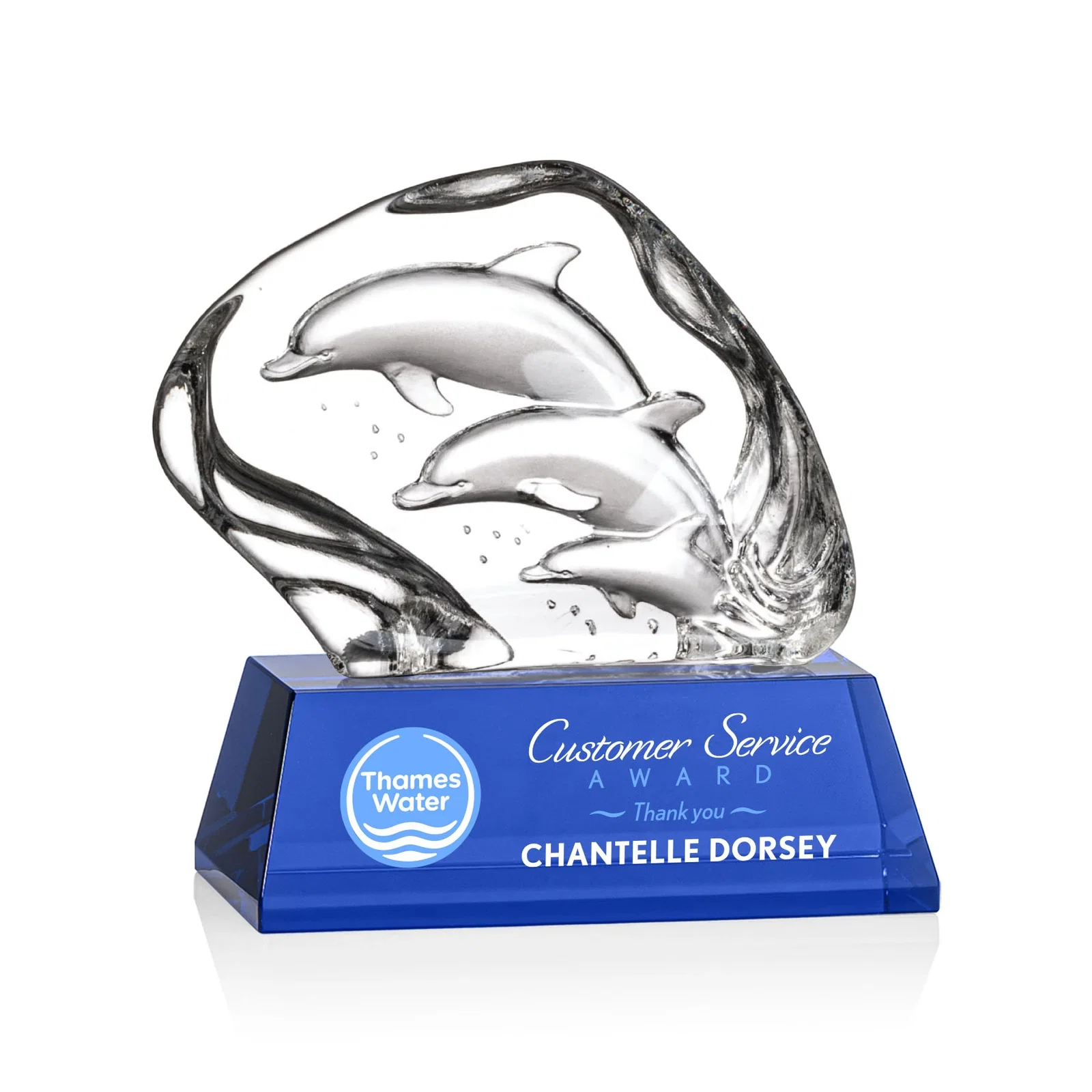 Personalized Optical Crystal Iceberg Award With Three Molded Dolphins, awards for employee recognition