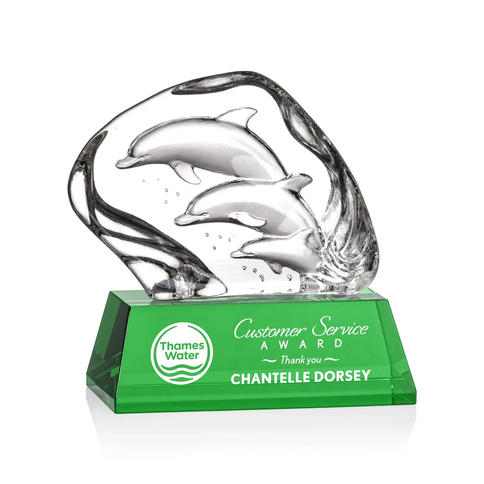 Personalized Optical Crystal Iceberg Award With Three Molded Dolphins, awards for corporate award ceremonies