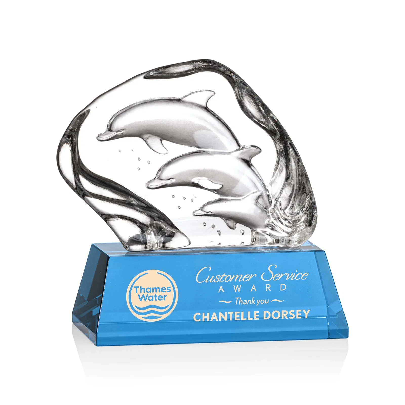 Personalized Optical Crystal Iceberg Award With Three Molded Dolphins, awards for service anniversary gifts