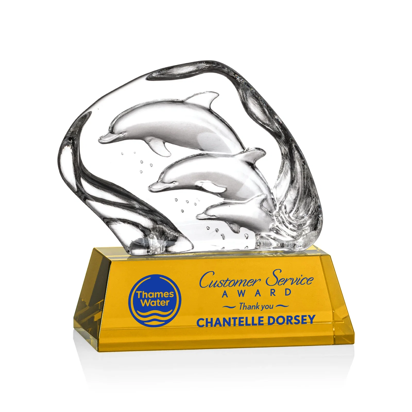 Personalized Optical Crystal Iceberg Award With Three Molded Dolphins, awards for retirement presentations