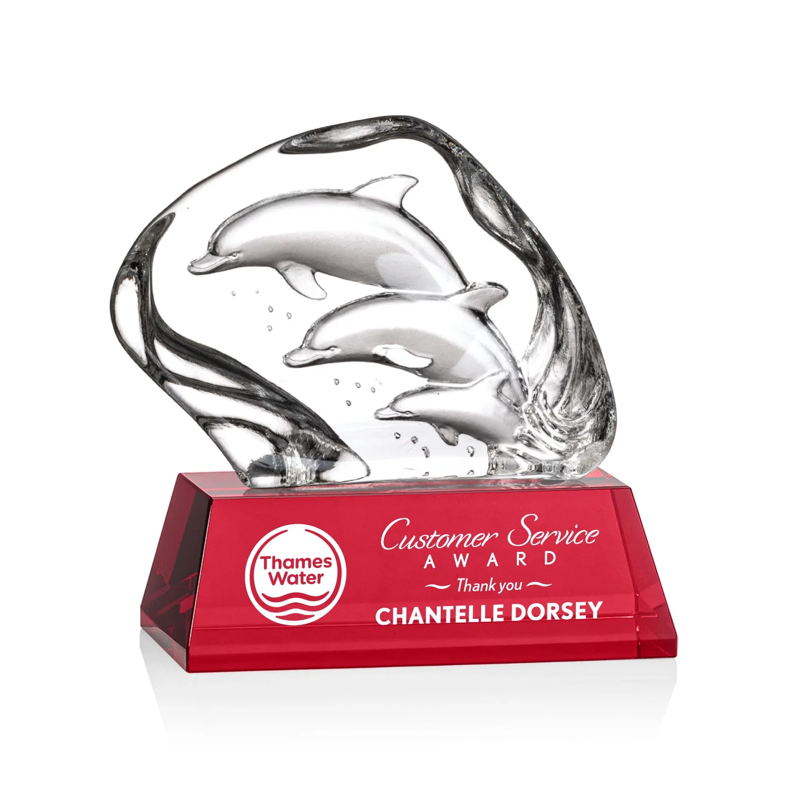 Personalized Optical Crystal Iceberg Award With Three Molded Dolphins, awards for team milestone celebrations